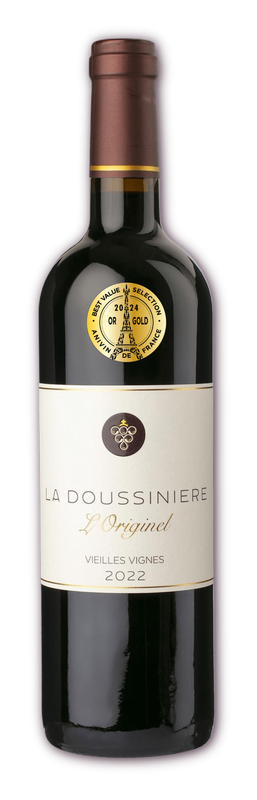 Bouteille de vin L'Originel - Médaille d'or 2024, cuvée biologique en vinification béton, Merlot et Cabernet Franc, vieilles vignes 1955, Domaine de La Doussinière